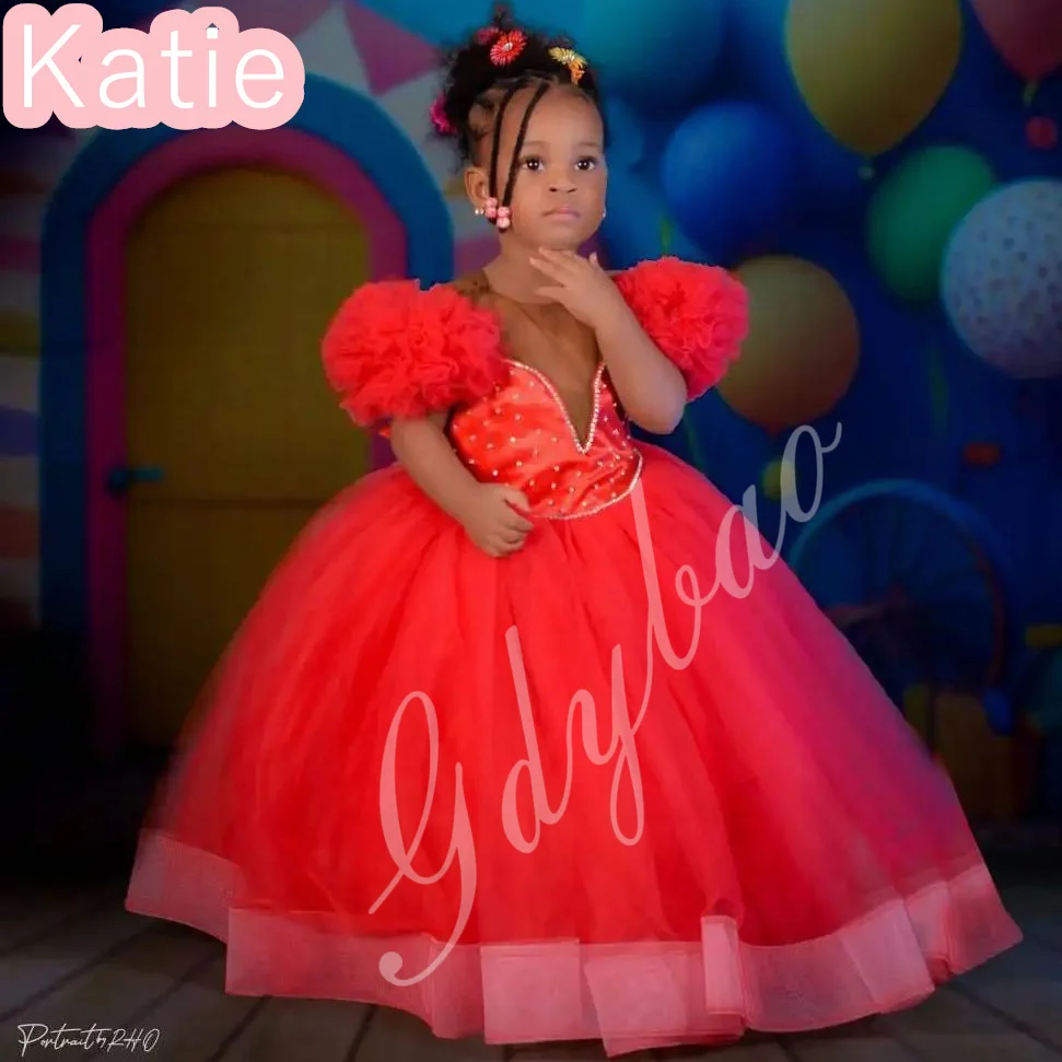 فستان فتاة الزهور الحمراء لحفلات الزفاف رقبة شفافة مطوي الكشكشة المتدرج تول الترتر فستاين سهرة/فساتين الحفلات أعياد ميلاد الأطفال فستان التواصل الأول