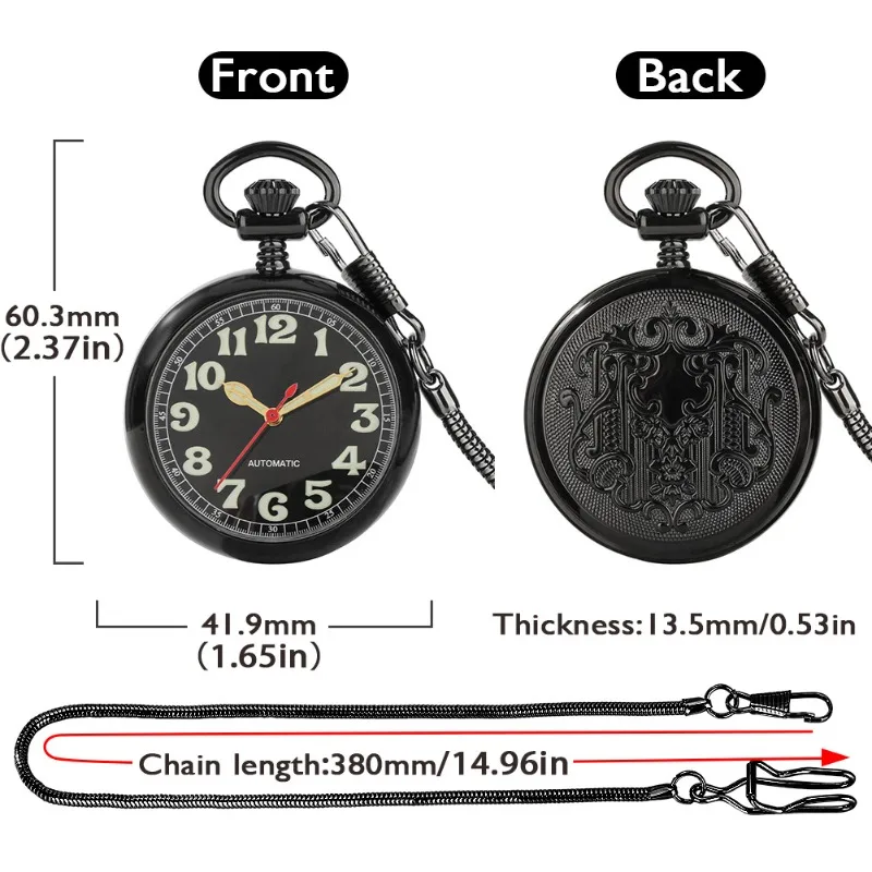 Luminous Numbers Dial Mechanical Automatic Pocket Watch Self Winding Pocket Snake Chain Luxury FOB Watch Noctilucent Fluorescent