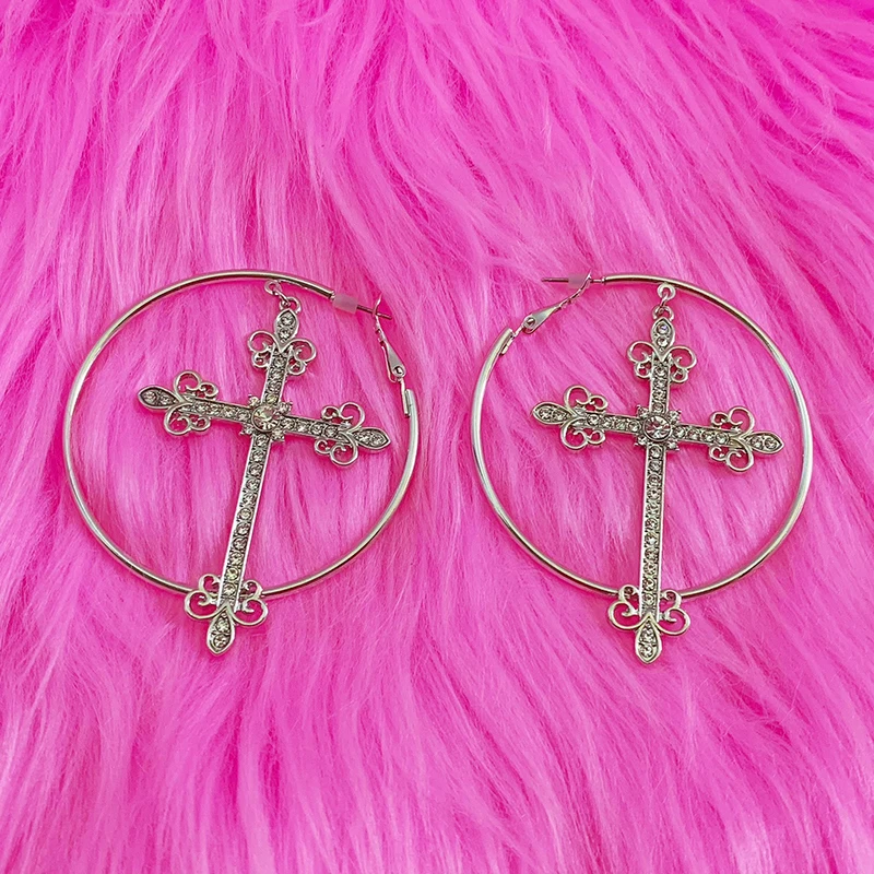 2000s Accessories Bling Crystal Cross Hoop Earrings Punk Aesthetic Luxury Korean Fashion Earring for Women Punk Jewelry Y2K Cool