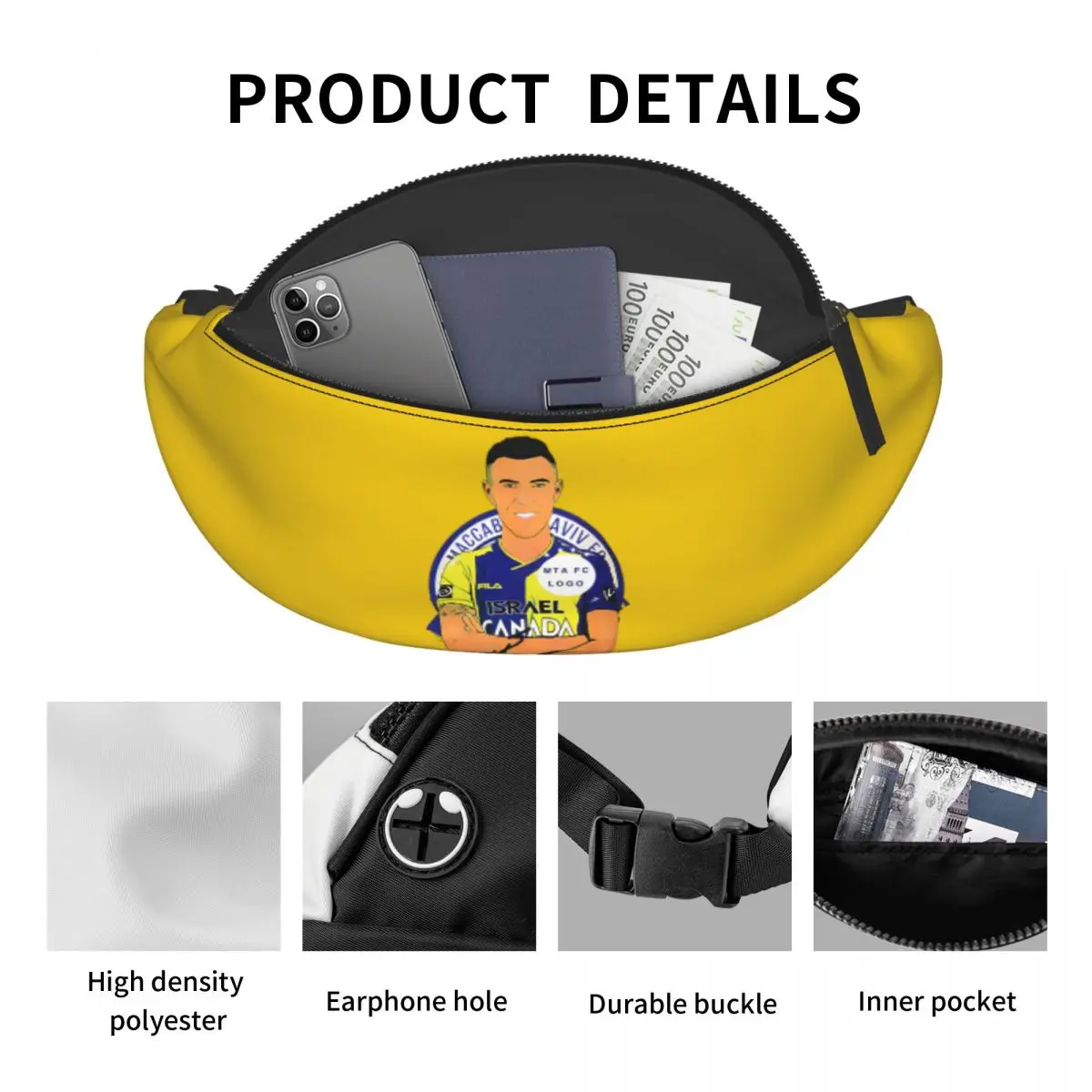 Crossbody Fanny Pack para Esportes e Festival, Carteiras Casual, Pacote de Cintura, Bolsa para Telefone, Esportes, Treino, Viagem, Corrida, Maccabi, USB