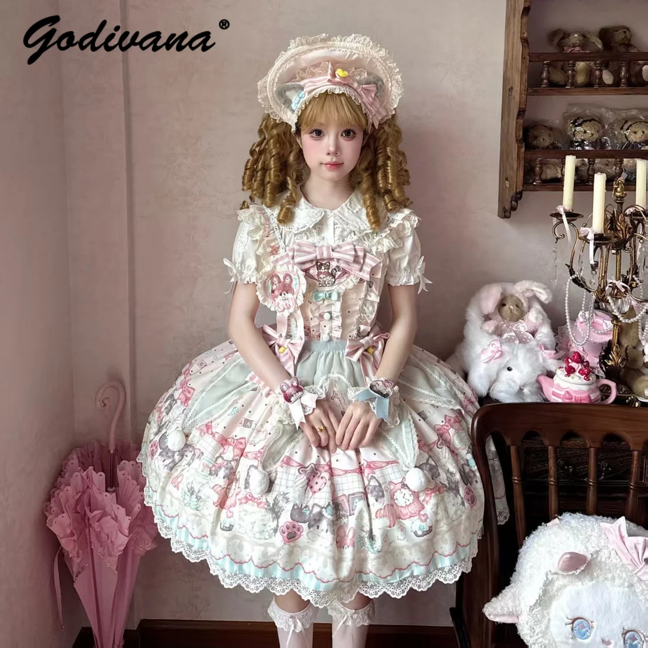 الأصلي الجديد الربيع والصيف لطيف القط الكرتون لوليتا فستان فتاة المرأة سليم Jsk وقصيرة الأكمام فساتين OP #2