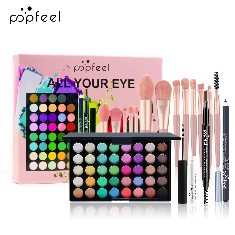 Kit de maquiagem popfeel exclusivo para feriados, conjunto completo, tudo em um, sombra, sobrancelha, delineador, rímel, pincel, presentes de luxo para mulheres, cosméticos