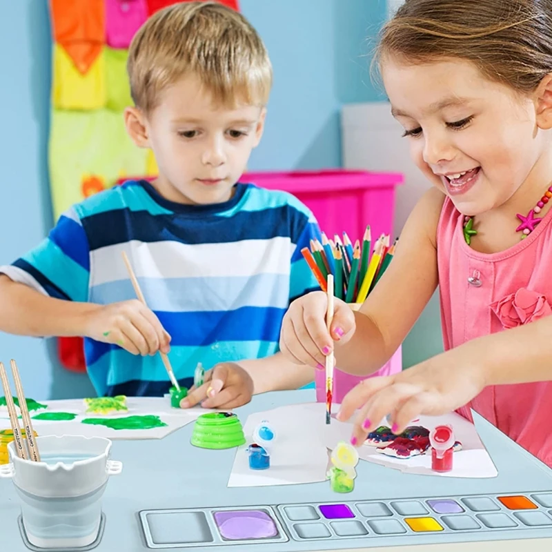 Painting Mat with Integrated Paint Tray Wells and Large Art Area for Drawing, Color Mixing, and Home Craft Projects F19E