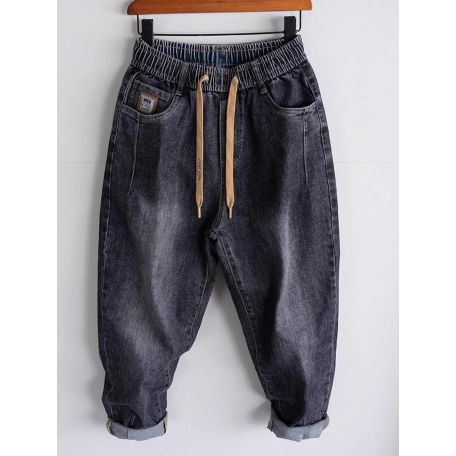 

Loose Fit Japanese Sle Men's Jeans Harajuku Long Pants Casual Versatile Brand plus Size 300 Pou Dstring Waist Polyest...