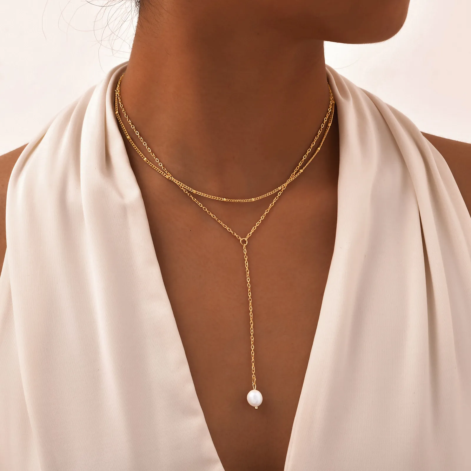 

Stainless Steel Y-shaped Tassel Necklace for Women,Gold Color Double-layer Chain Necklace Waterproof Jewelry Gift