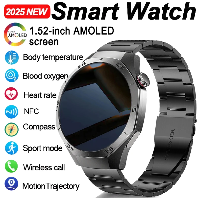

2025 Smart Watch Men's Women 360*360 AMOLED HD Screen Heart Rate BT Call Smartwatch GPS NFC Compass Sports Fitness holiday gifts