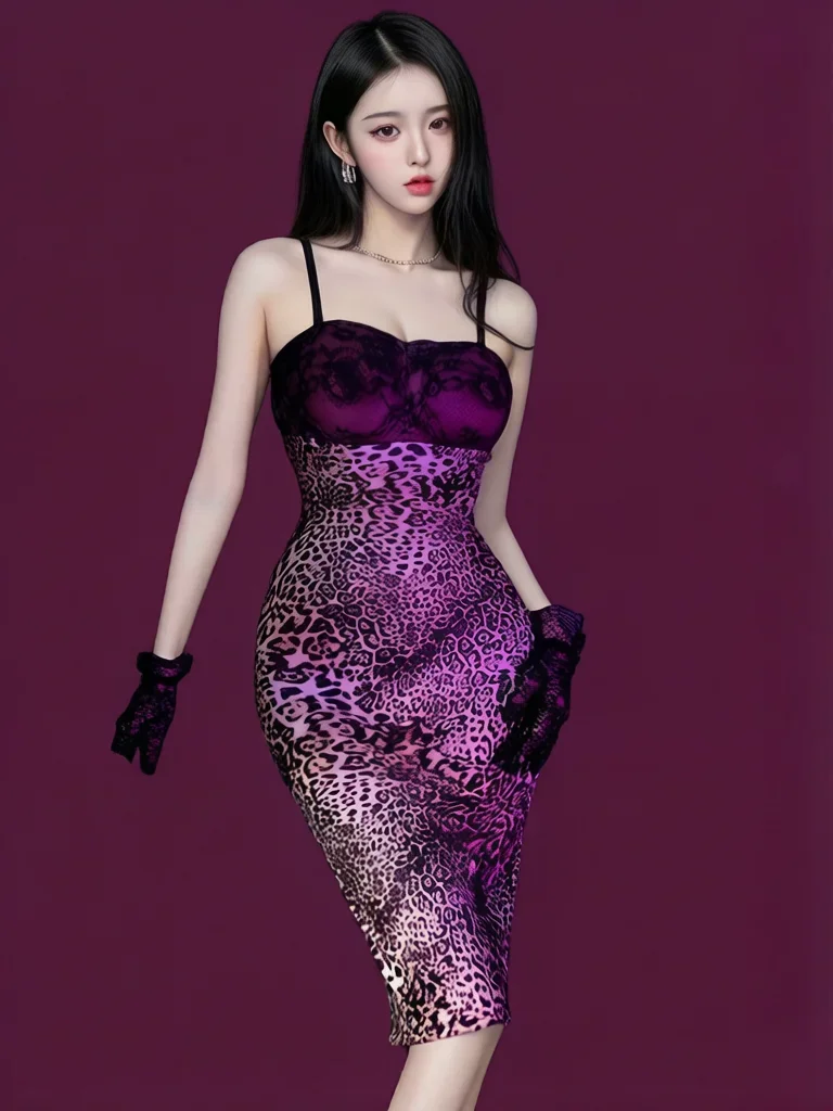 Modisches Damen Leoparden-Kleid Nachtclub Spaghetti-Träger-Kleider mit Hohem Schlitz Figurbetontes Spitzen-Minikleid Dienstmädchen-Tube-Kleid Tanzkleidung