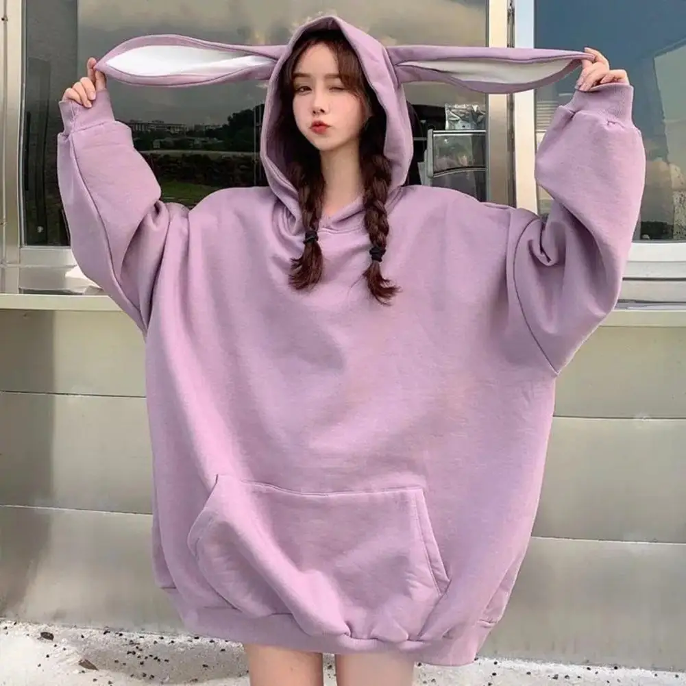 Women Bunny Ear Hoodie Women Hooded Top Cozy Bunny Ear Hoodie for Women Warm Pullover with Elastic Cuffs Sport Top for Fall