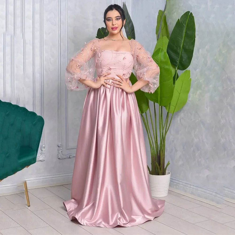 

Satin Patchwork Lace Evening Dresses Long Sleeve Illusion A-line Pleat Square Neck Prom Gown Backless فساتين سهرة فخمه