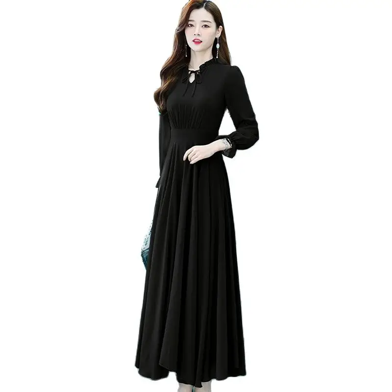 

2023 New Fashion Long-sleeved Dress Women Waist Slimming Temperament Chiffon Swing Long Skirt Solid Color Loose Fairy Skirt