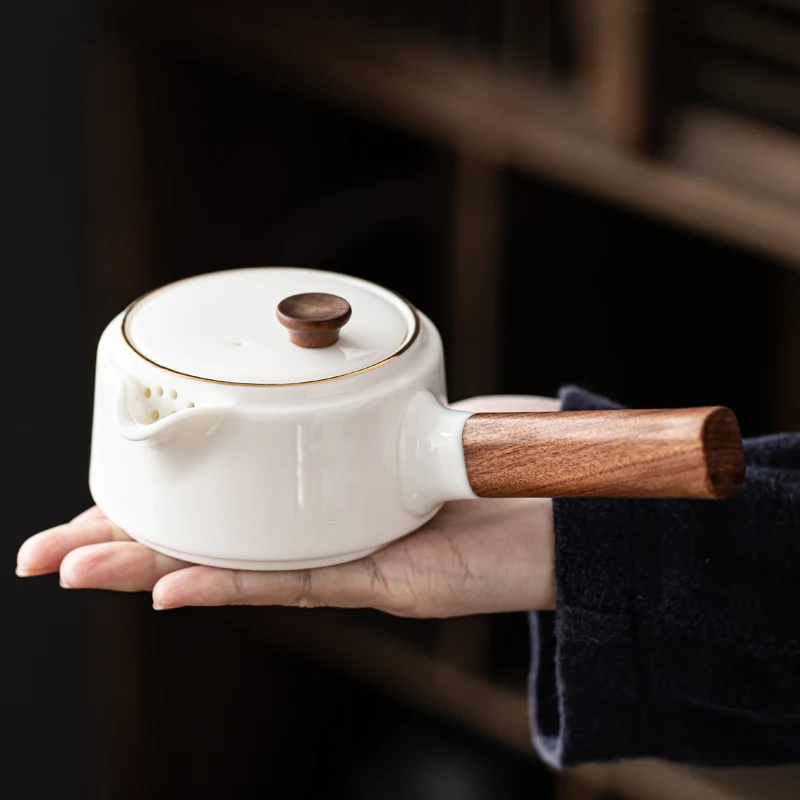 Ceramic Teapot with Wood Handle White Porcelain Handmade Kongfu Tea Set Chinese Style Kettle