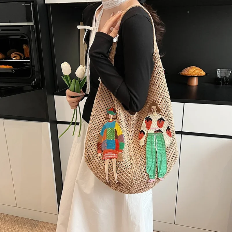 

Hollow Mesh Knitted Shoulder Bag,Beach Vacation Slouchy Chic Cartoon Tote Bag,Lightweight Laid-Back Casual Woven Women Handbag