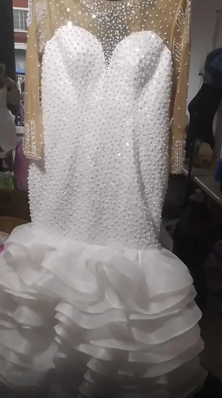 Personalizado incrível colher brilhante pérolas cristais sereia vestidos de casamento robe de mariage 2024 ilusão mangas completas africano b