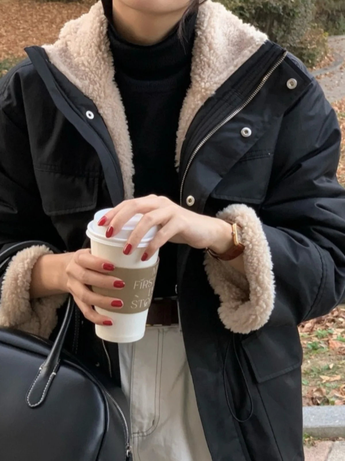 

Women's Cotton Jaet Dstring Waist Slimming Casual High-End Feel Trendy Winter Outerwear Korean Sle Long Sve Zipper
