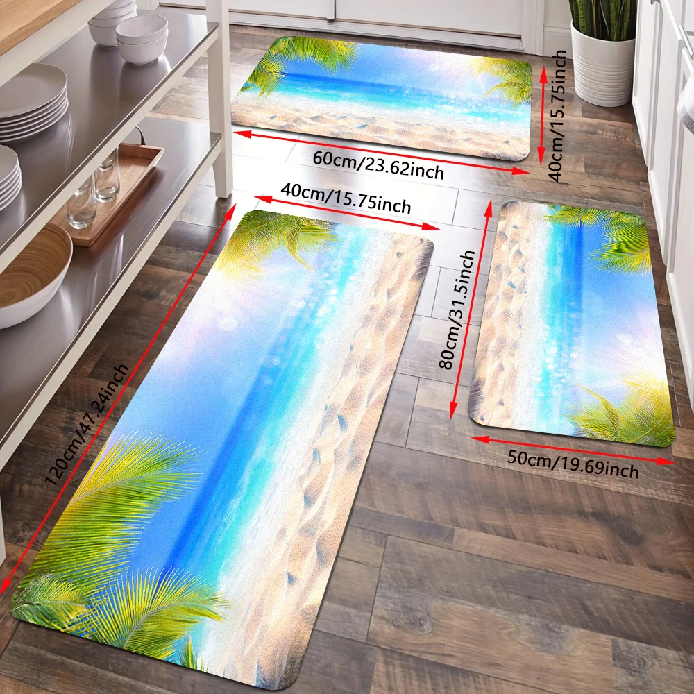 Beach Ocean Kitchen Floor Rug Set Palm Tree Leaf Sea Scenery Hallway Entrance Doormat Flannel Non-Slip Bath Mat Bathroom Carpet