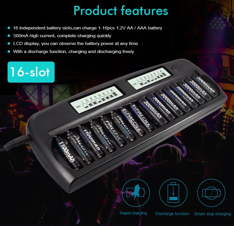 PALO 16 Slots LCD Smart Battery Charger AA AAA Ni-MH Ni-Cd 16 bay Batteries 16 Bank Rechargeable Batteries Smart LCD Display