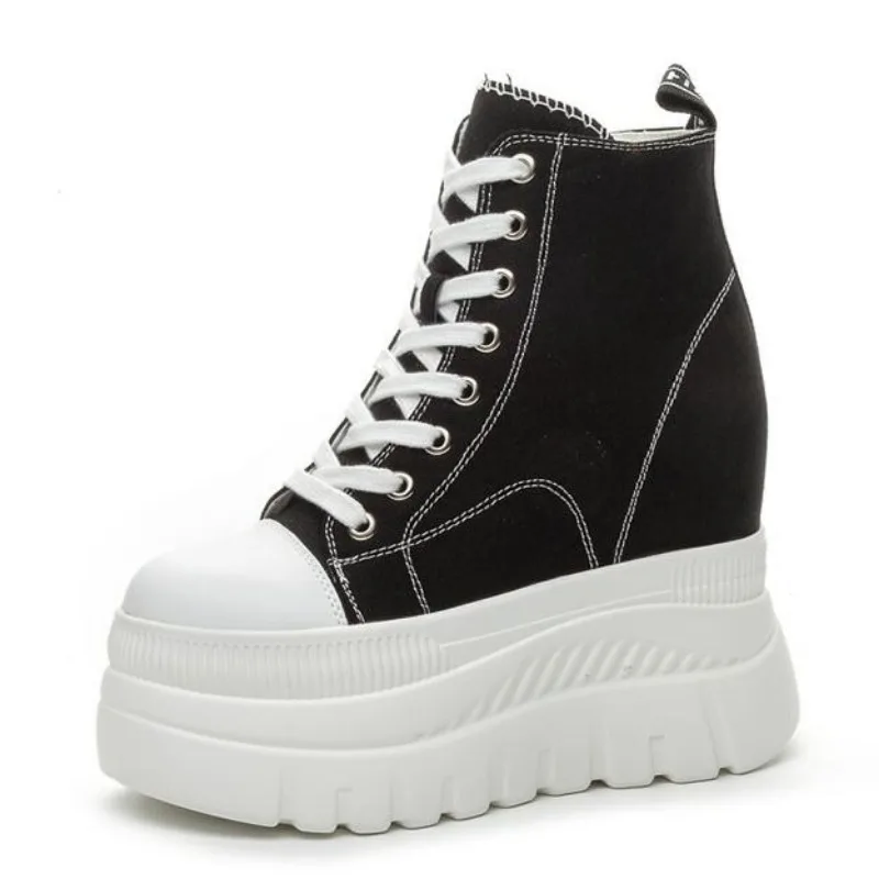 

Новые джинсовые женские дышащие туфли на платформе и скрытом каблуке 12 см, модные весенние ботильоны из натуральной кожи с синтетическим дымоходом