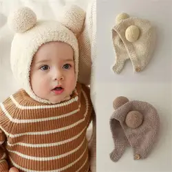 Baby's Soft Pompom Beanie Cap, infantil, meninas, meninos, crianças, malha, quente, proteção de orelha, capota, sólido, bonito, inverno, 0-24M