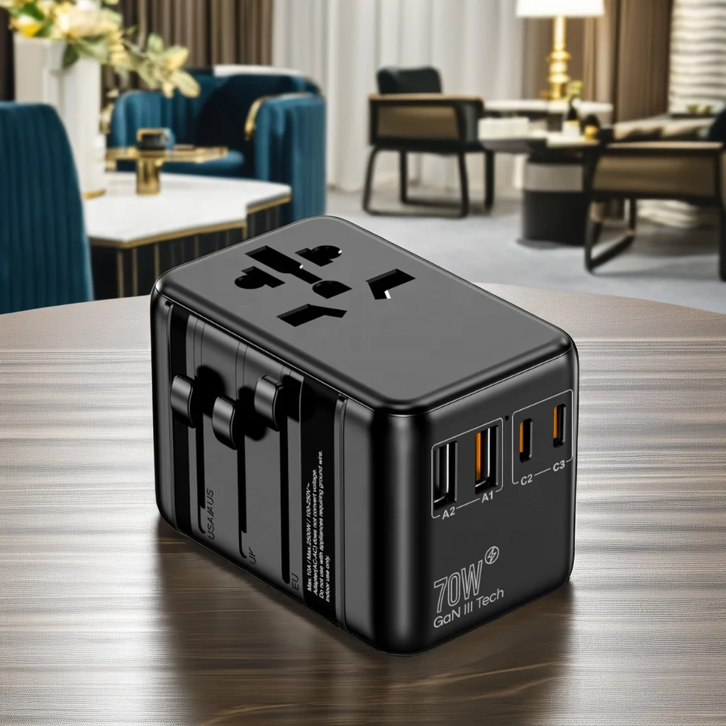 GaN 70W Universal Travel Power Adapter with USB & Type C Worldwide Charging Gadget Sockets & Plugs