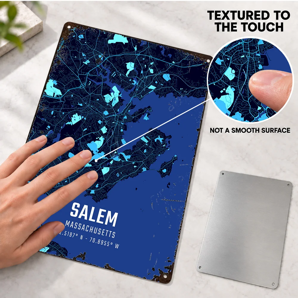 Salem Massachusetts Midnight City Map Aluminum Poster Personalized Metal Sign Minimalist Cartography Wall Art For Home Office