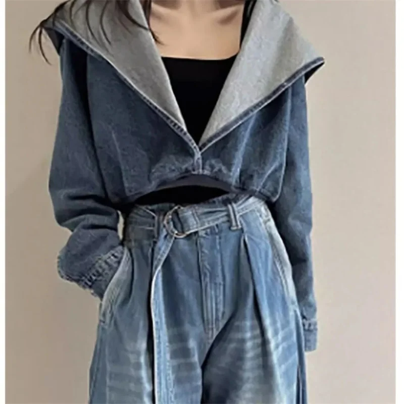 2026 Spring Autumn New Denim Jacket Top High Grade Blue Loose Casual Hooded Denim Short Coat Jeans Outerwear Female