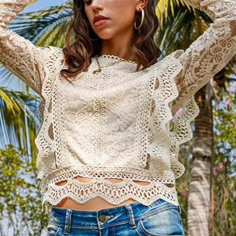 Fashion Solid Color Bottom Shirt Sexy Hollow Long Sleeve Lace Shirt Women's Outerwear Top 2026 Spring and Autumn New Style