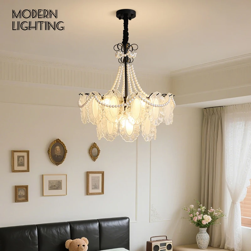 프랑스 레트로 진주 유리 샹들리에 북유럽 럭셔리 크리스탈 펜던트 조명 포스트 모던 거실 식탁 조명 장식