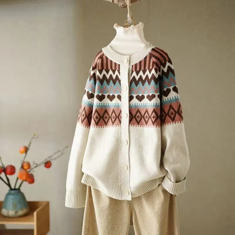 Fashion Women Knitted Sweaters Coat Geometric Jacquard Autumn Winter Korean New Long Sleeve V-Neck Button Cardigans Casual Tops