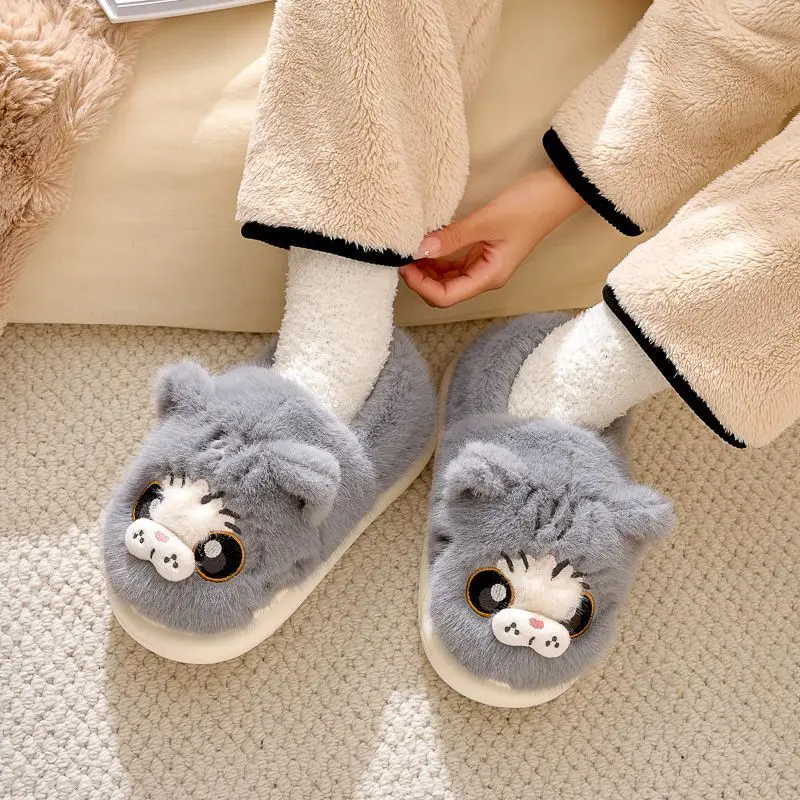 New Fun Fluffy Cat Slippers Woman Warm Heel Wrapped Home Shoes Women's Fuzzy Kitty Slip On Loafer Ladies Winter Room Fur Slides