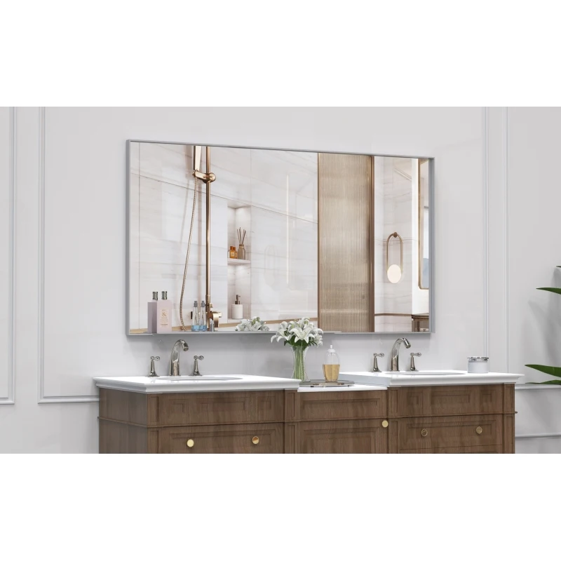 مرآة حمام مستطيلة حديثة كبيرة الحجم مقاس 55 × 30 مع إطار فضي ومرايا حائط كبيرة مزخرفة للحمام وغرفة المعيشة