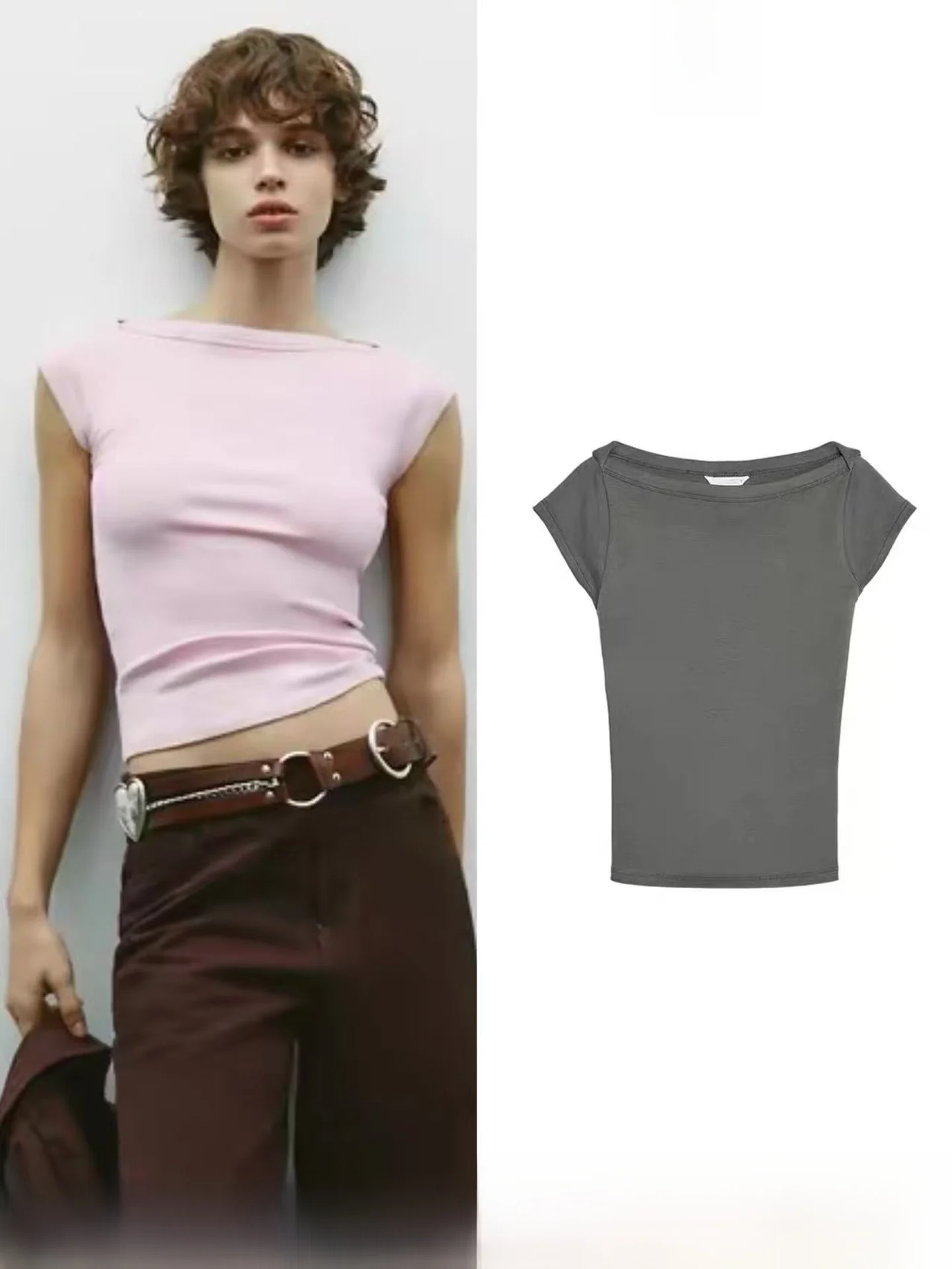 Slim Fit Short Sleeve T-Shirt Women's Casual Style Boat Neck Ribbed 2025 Summer New Arrival Multi-Color Options Available