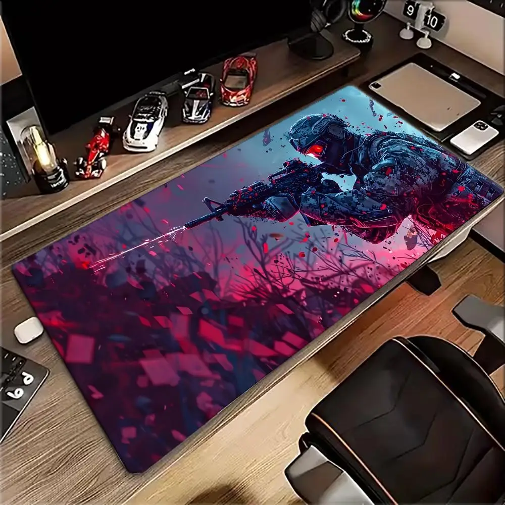 Large Gaming Mouse Pad Desk Mat Keyboard Pad Tactical Soldier Rifle Red Neon Military Shooting Art Print Non Slip E-Sports Gamer