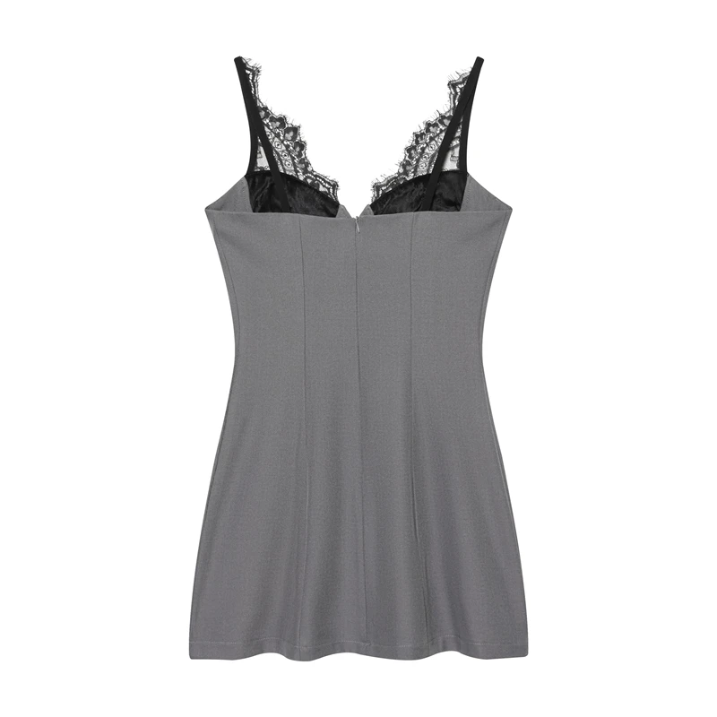 Grijze satijnen cami-jurk voor dames - Nachtjapon met zwarte kanten rand en spaghettibandjes voor lounge en slaap