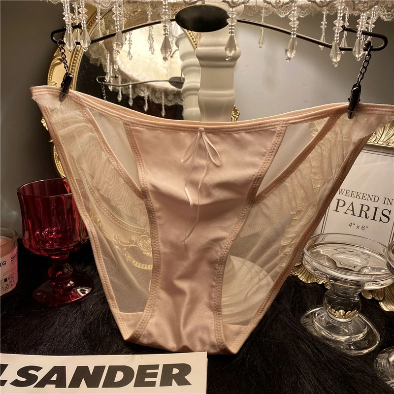 Korean Style New Sexy Charming Women\'s Underwear Lace Perspective Mesh Translucent Mid-Waist Seamless Hollow Briefs for Women