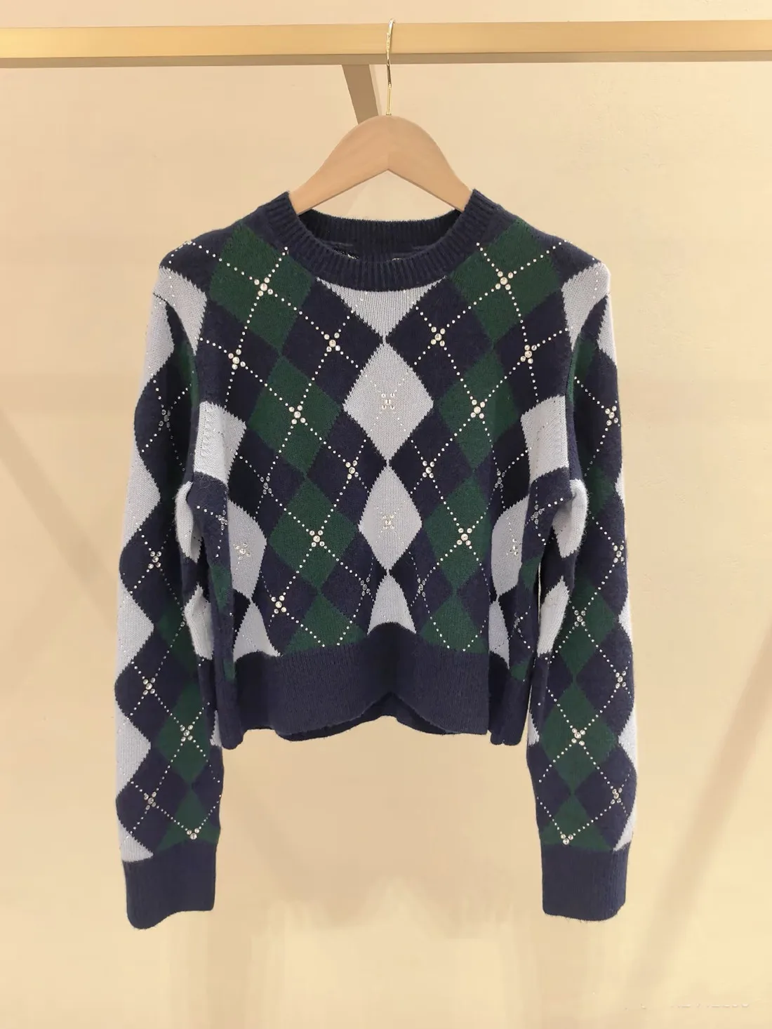 High-End Version Color Block Diamond Pattern Short Knitted Sweater round Neck Long Sleeve Women's Fashion Top Quality Blue