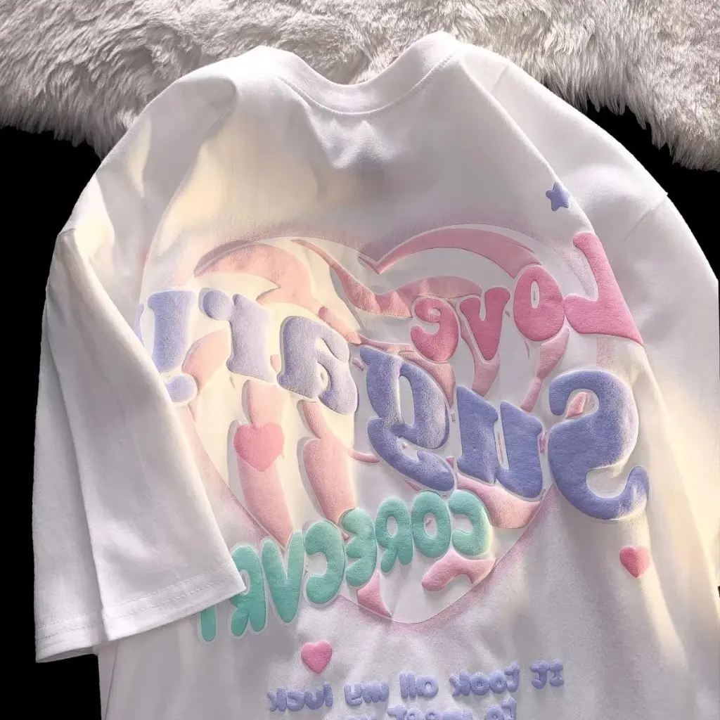 

Women's White Milk Blue Cotton Short-Sleeved T-shirt Loose Oversize Love Print Summer Top Hot Fashion Design