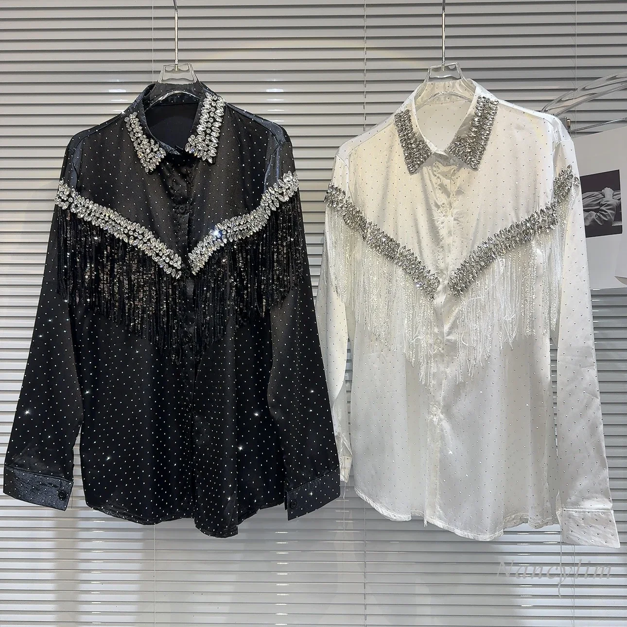 New Catwalk Performance Heavy Industry Rhinestone Beaded Tassel Satin Shirts and Blouses for Women Buttons Blusas Top Spring