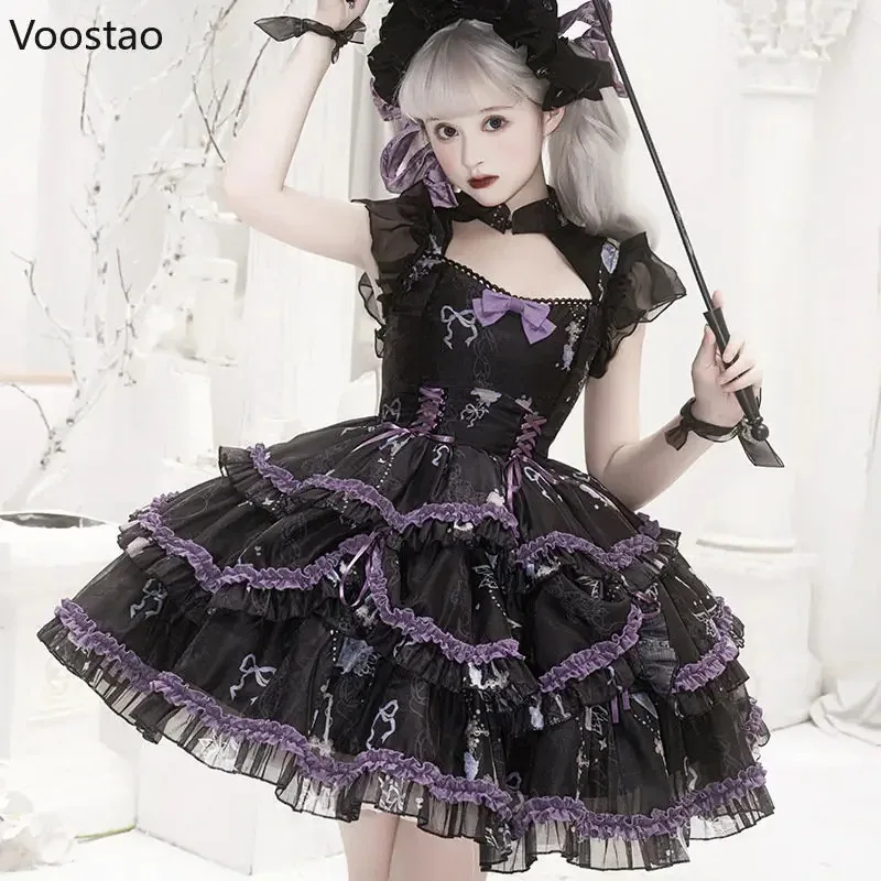 

NewVintage Gothic Y2k Lolita OP Dress Victorian Harajuku Girls Bow Print Ruffles Punk Tiered Dress Women Kawaii Puffy Party KD5