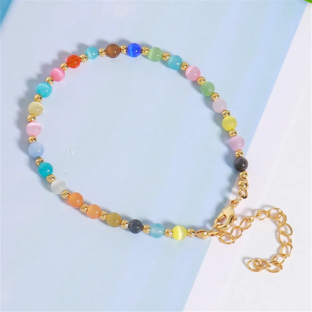 Handmade Colored Cat Eye Stone Ladies Adjustable Bracelet Versatile Beaded Stainless Steel Romantic Multi Color Healing Jewelry