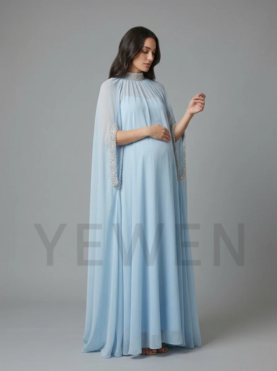 Blue Maternity Dress with Cape Sleeve Rhinestone High Neck Pleated Chiffon Pregnancy Photography Baby Shower Vestidos YD261009