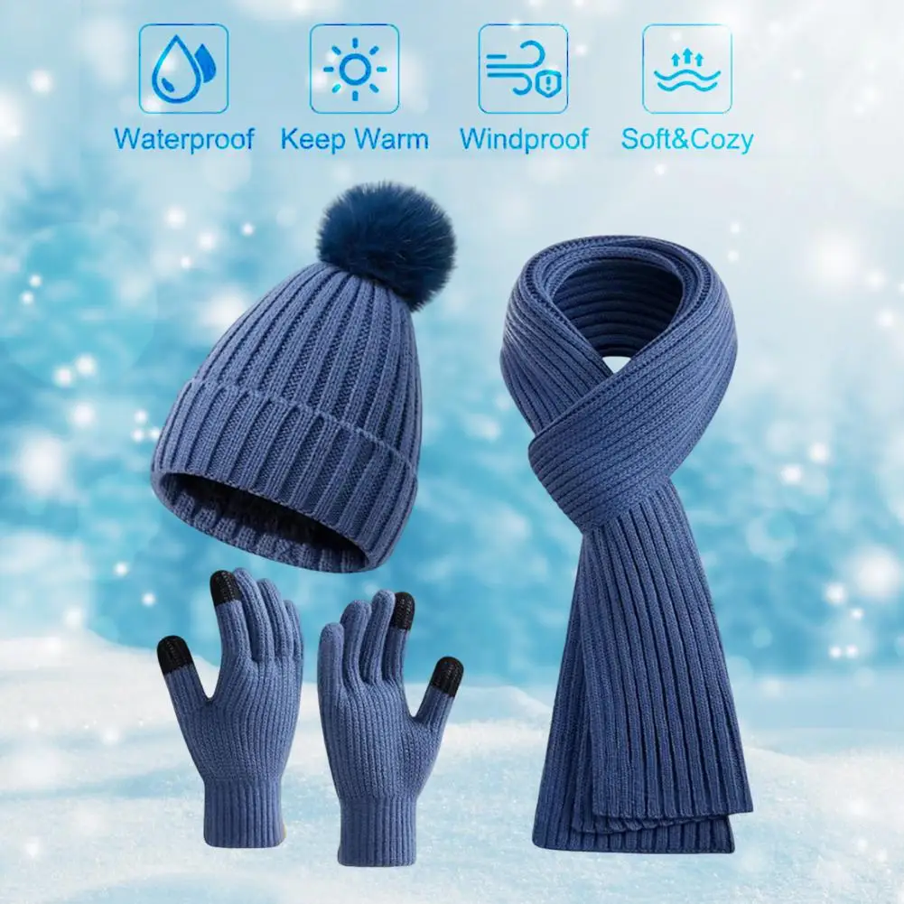 Winter Hat Scarf Gloves Set Unisex Knitted Warm Plush Ball Decor Outdoor Fleece Lined Full Beanie Set