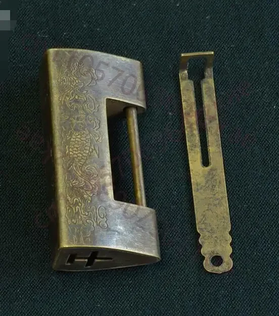 Antique Chinese Ancient Copper Lock Hanging Box Lock Bolt Padlock Carving Fish