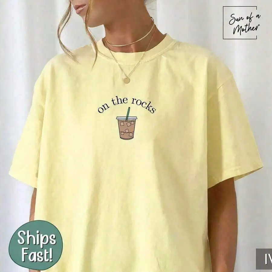 

Women Loose Cotton T-Shirt With On The Rocks Iced Coffee Graphic Print Casual Summer Top