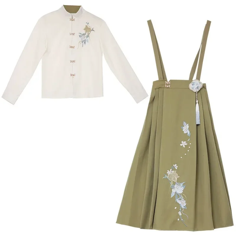 Costume cinese antico da donna Colletto rialzato bianco Top a maniche lunghe Gonna ricamata verde Abbigliamento moderno da festa per ragazza Hanfu