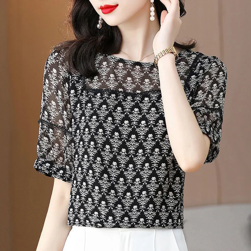 

Elegant O-Neck Printed Spliced Floral Puff Sleeve Blouses Women Clothing 2024 Summer New Loose All-match Tops Office Lady Shirts