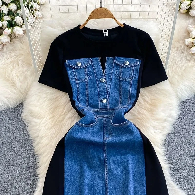 Korean Style Socialite Elegant Short Sleeve Round Neck Slimming Denim Patchwork A- line Casual T-shirt Dress