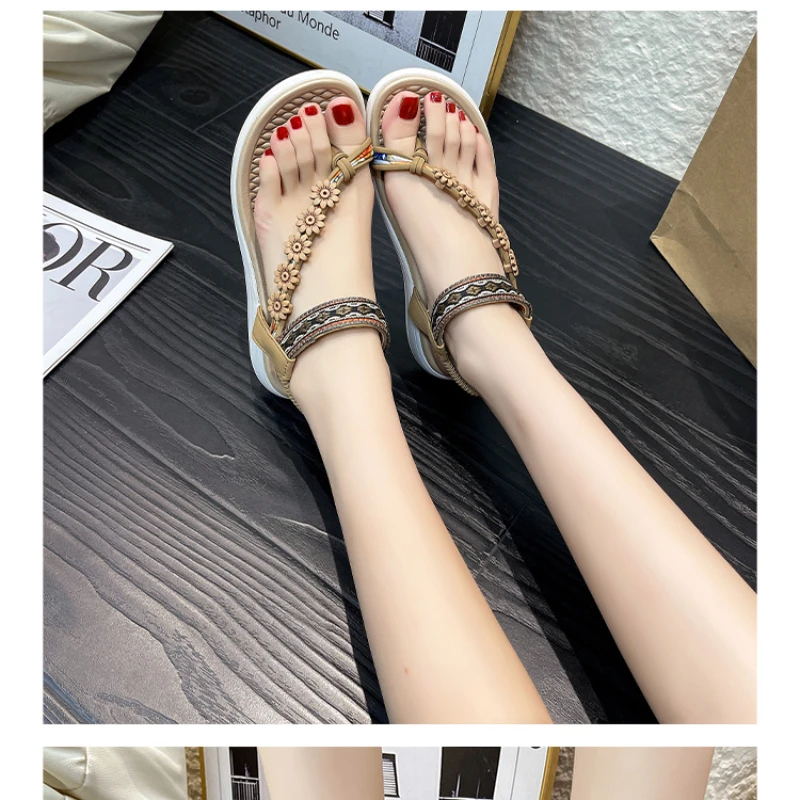 

Women's Large Size Sandals Toe Clip Flower Elastic Band Women Sandals Dress Beach Bohemia National Style Flat Sandalias De Mujer