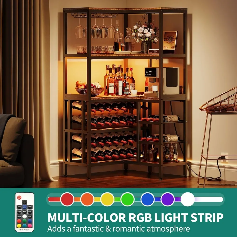 大型コーナーワインラック、電源コンセントとLEDライト付き63インチコーナーバーキャビネット、5段L字型工業用酒キャビネット