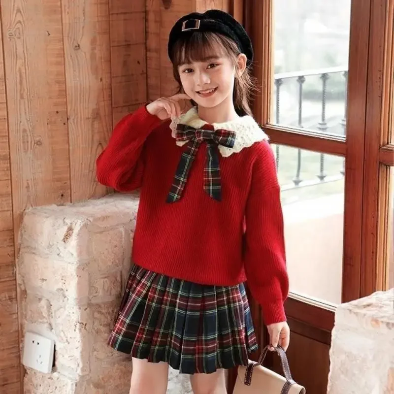 

Spring Teenage Girls Jk Suit Clothing Children Knitted Lapel Sweater Plaid Pleated Skirt School Clothes Trend 2-Piece Set