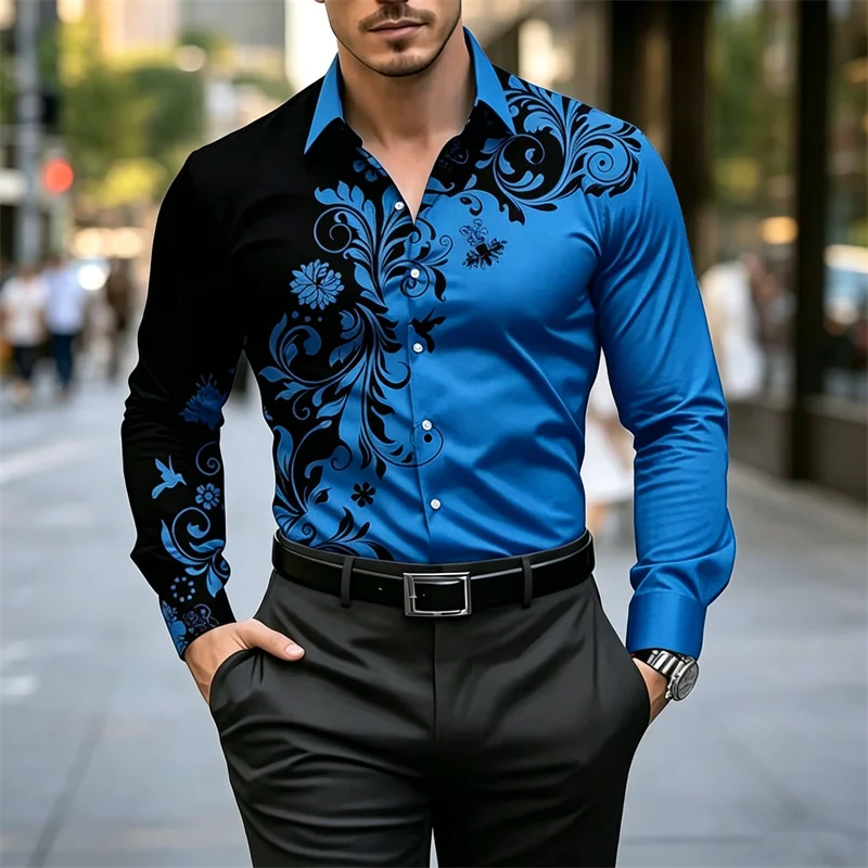 2026 New Men's Contrasting Floral Shirt Casual Wind Blue Black Splicing Printed Long Sleeved Shirt Outdoor Daily Versatile Style